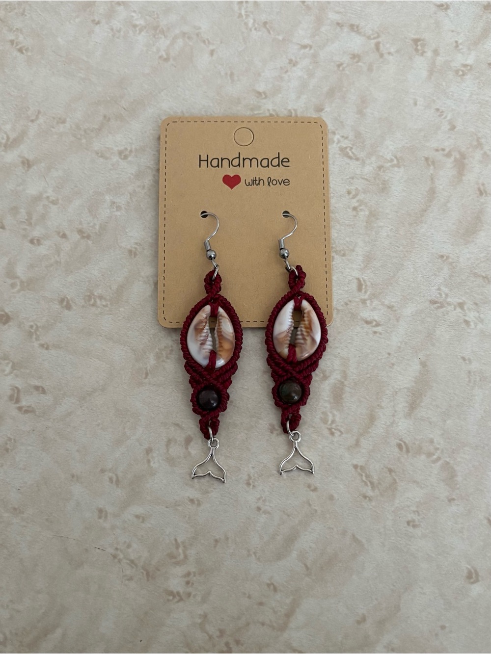 Handmade Red Macrame Shell Drop Earrings